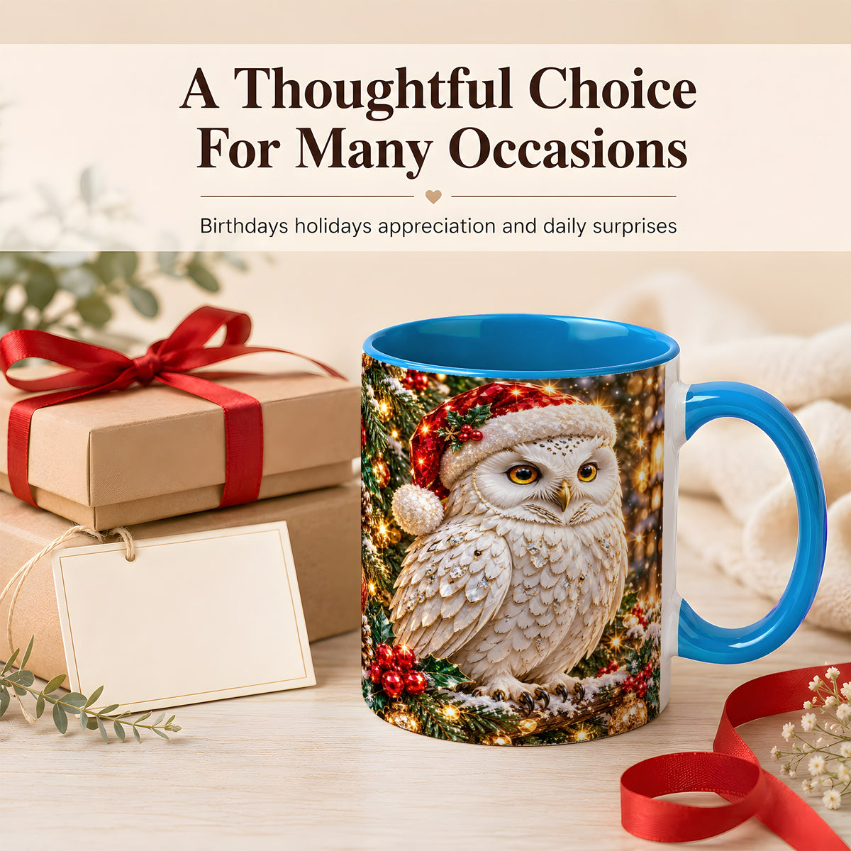 #pl[11oz|Blue] Christmas Snowy Owl Coffee Mug, Festive Owl Mug, Ceramic Cup