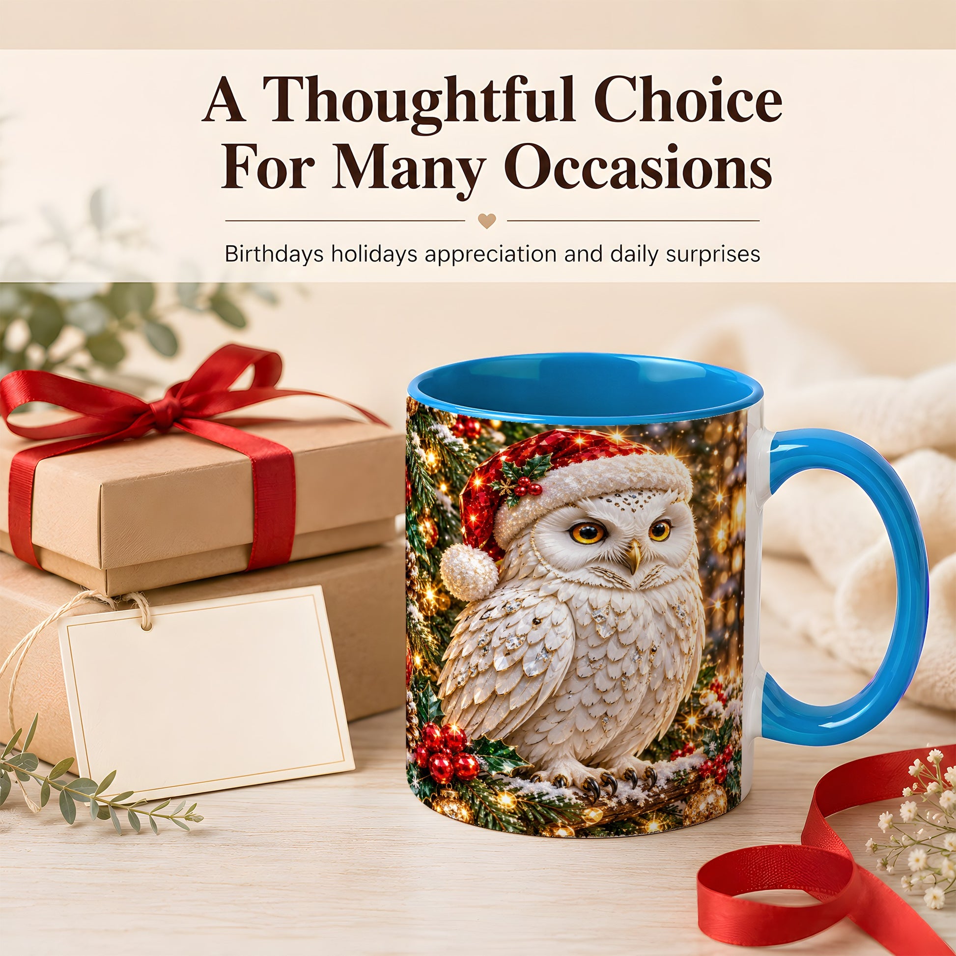 #pl[11oz|Blue] Christmas Snowy Owl Coffee Mug, Festive Owl Mug, Ceramic Cup