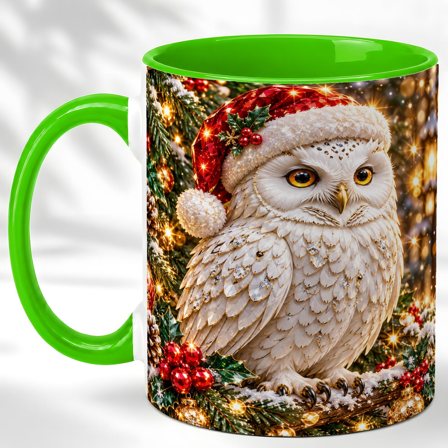 #pl[11oz|Green] Christmas Snowy Owl Coffee Mug, Festive Owl Mug, Ceramic Cup