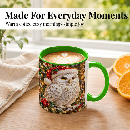 #pl[11oz|Green] Christmas Snowy Owl Coffee Mug, Festive Owl Mug, Ceramic Cup