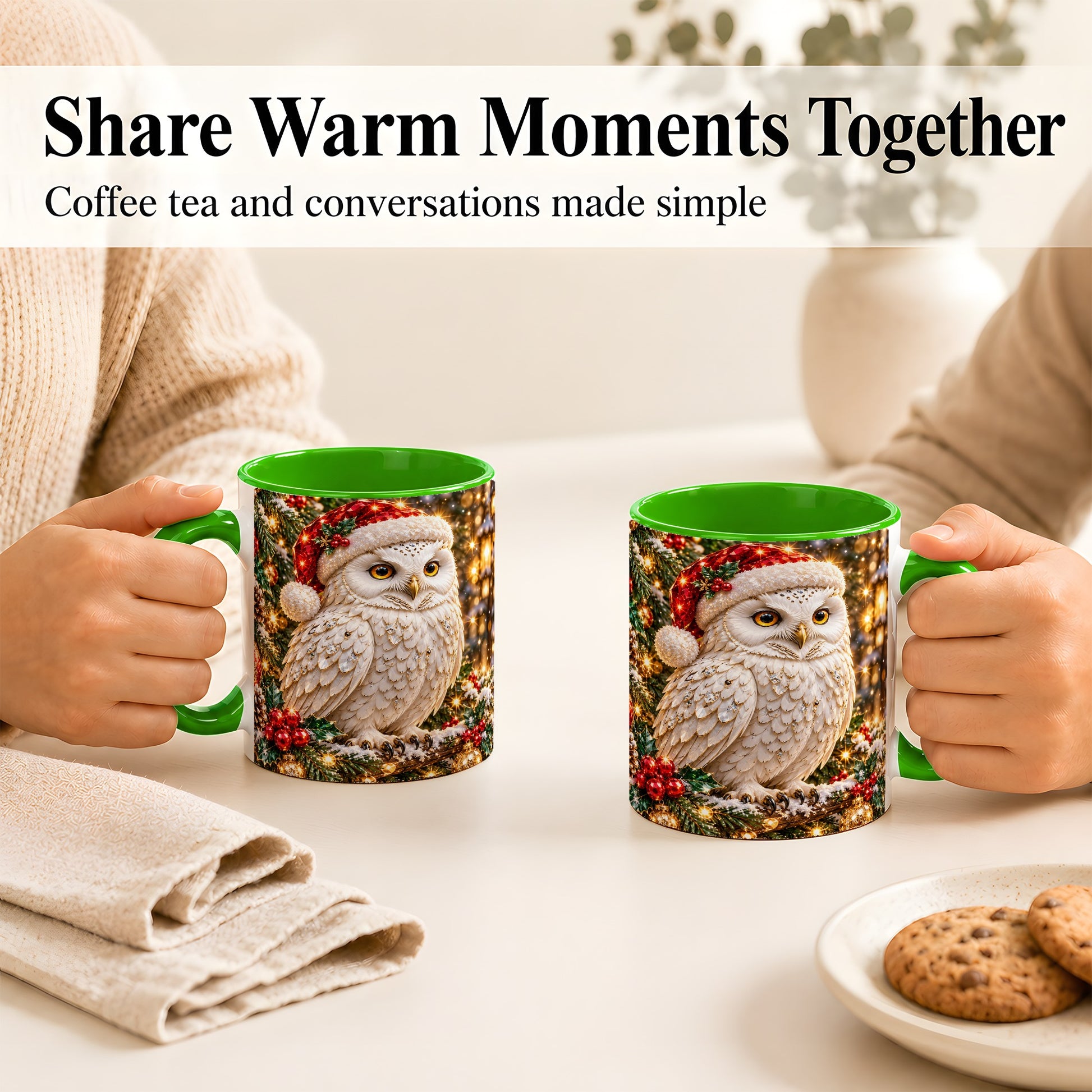 #pl[11oz|Green] Christmas Snowy Owl Coffee Mug, Festive Owl Mug, Ceramic Cup