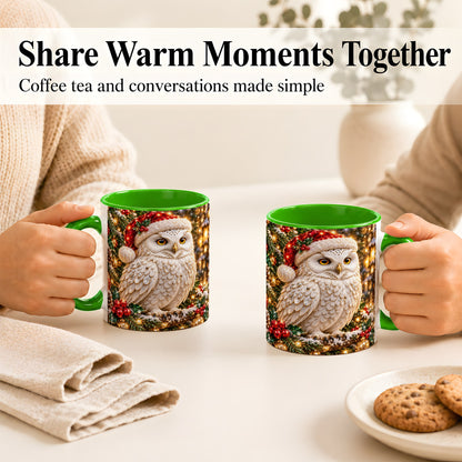 #pl[11oz|Green] Christmas Snowy Owl Coffee Mug, Festive Owl Mug, Ceramic Cup
