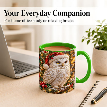 #pl[11oz|Green] Christmas Snowy Owl Coffee Mug, Festive Owl Mug, Ceramic Cup