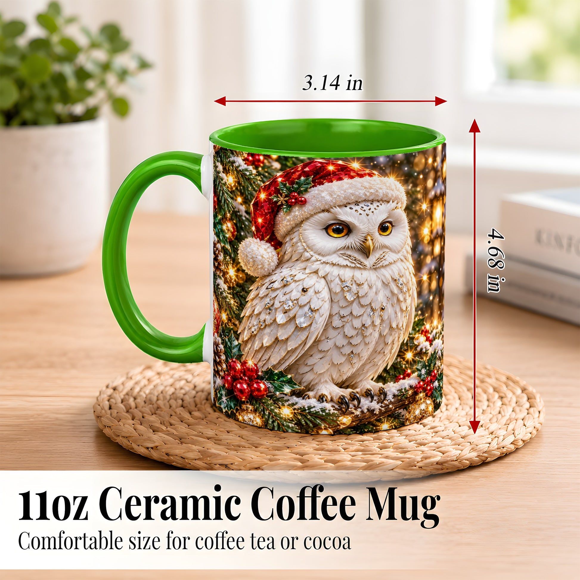 #pl[11oz|Green] Christmas Snowy Owl Coffee Mug, Festive Owl Mug, Ceramic Cup