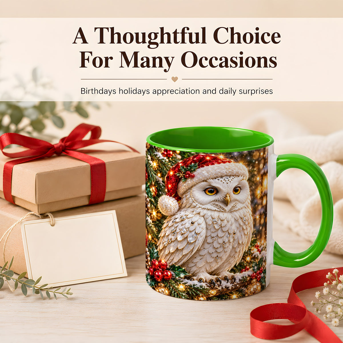 #pl[11oz|Green] Christmas Snowy Owl Coffee Mug, Festive Owl Mug, Ceramic Cup