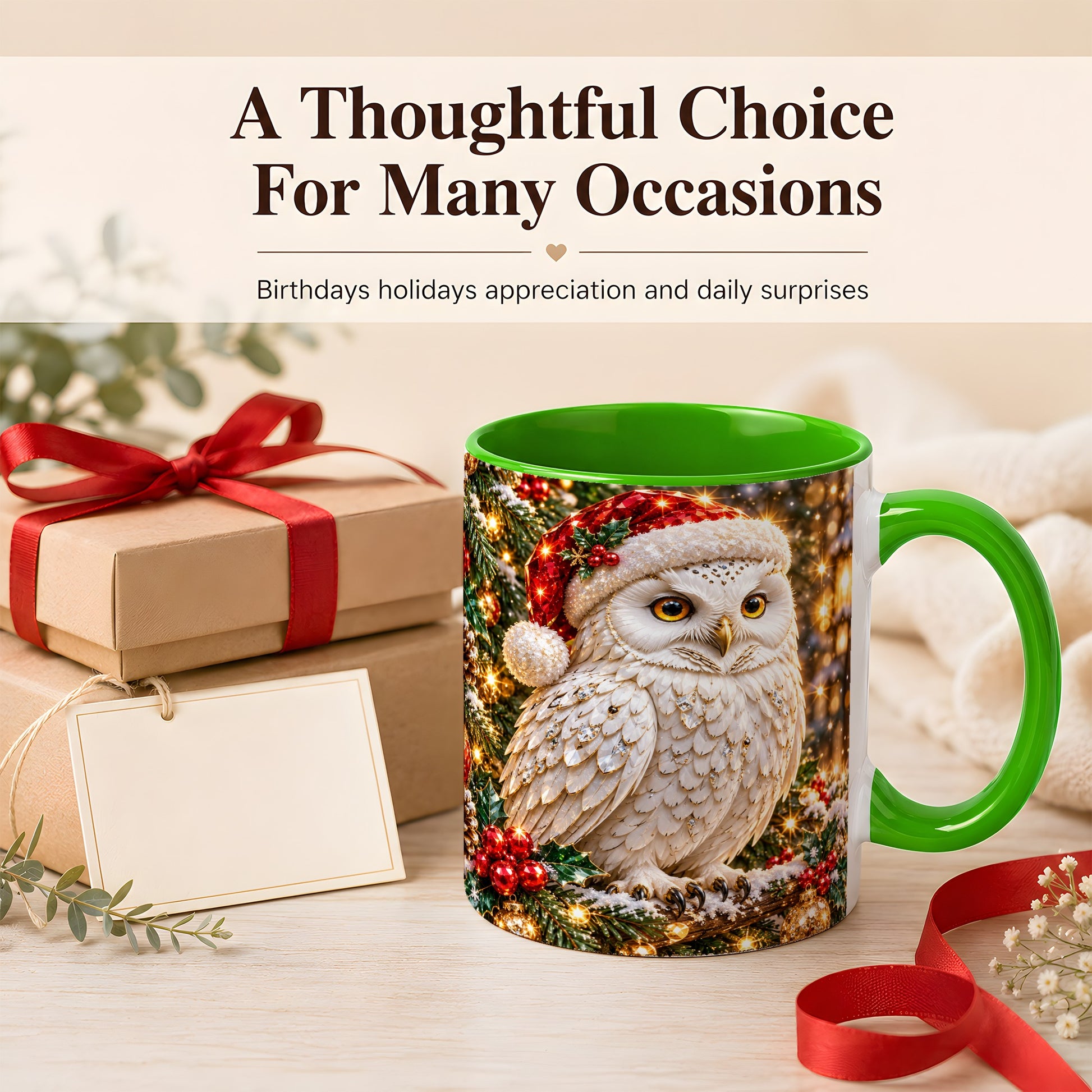 #pl[11oz|Green] Christmas Snowy Owl Coffee Mug, Festive Owl Mug, Ceramic Cup
