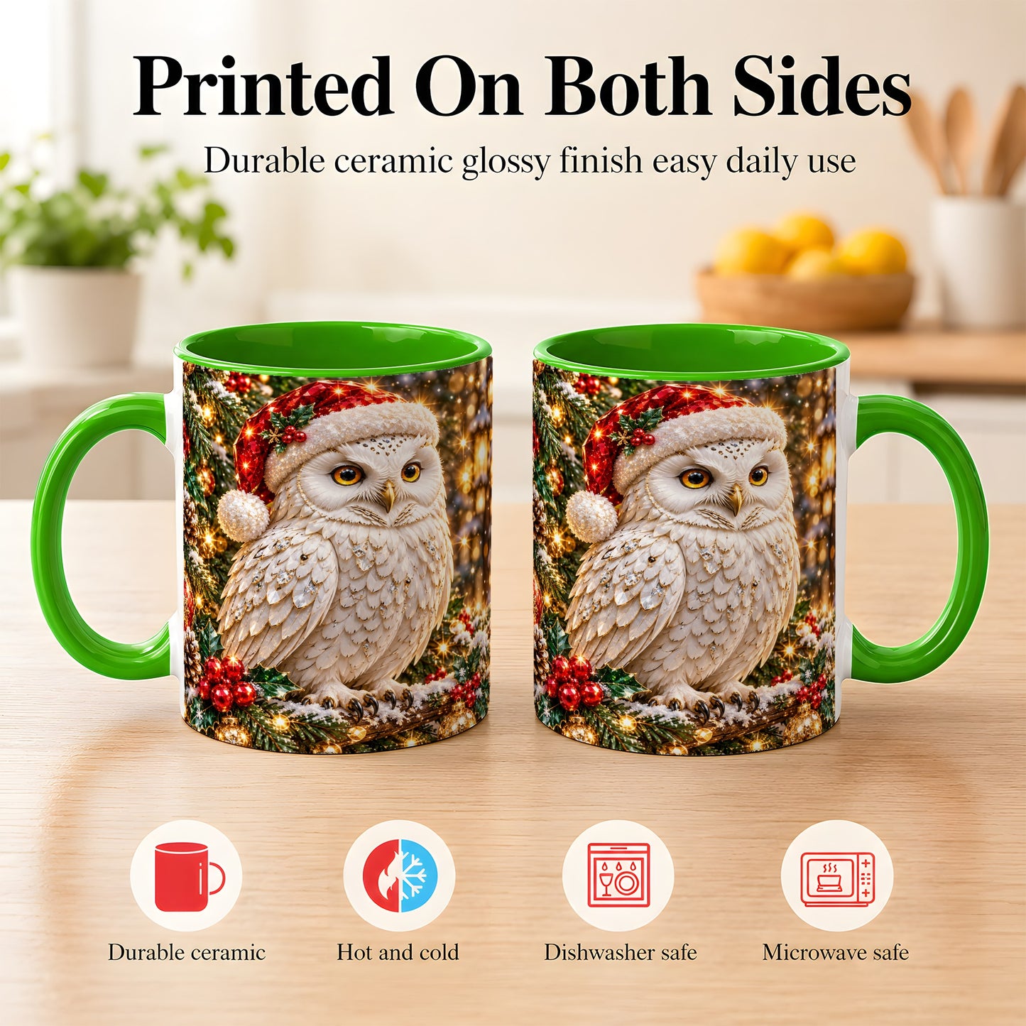 #pl[11oz|Green] Christmas Snowy Owl Coffee Mug, Festive Owl Mug, Ceramic Cup