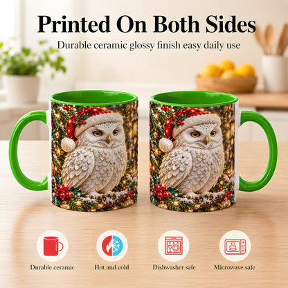 #pl[11oz|Green] Christmas Snowy Owl Coffee Mug, Festive Owl Mug, Ceramic Cup
