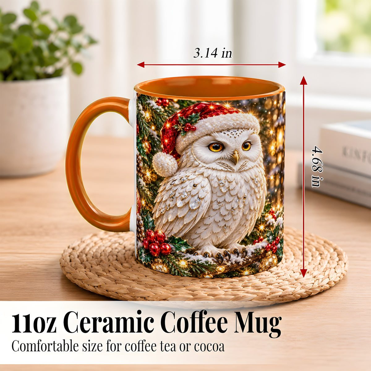 #pl[11oz|Orange] Christmas Snowy Owl Coffee Mug, Festive Owl Mug, Ceramic Cup