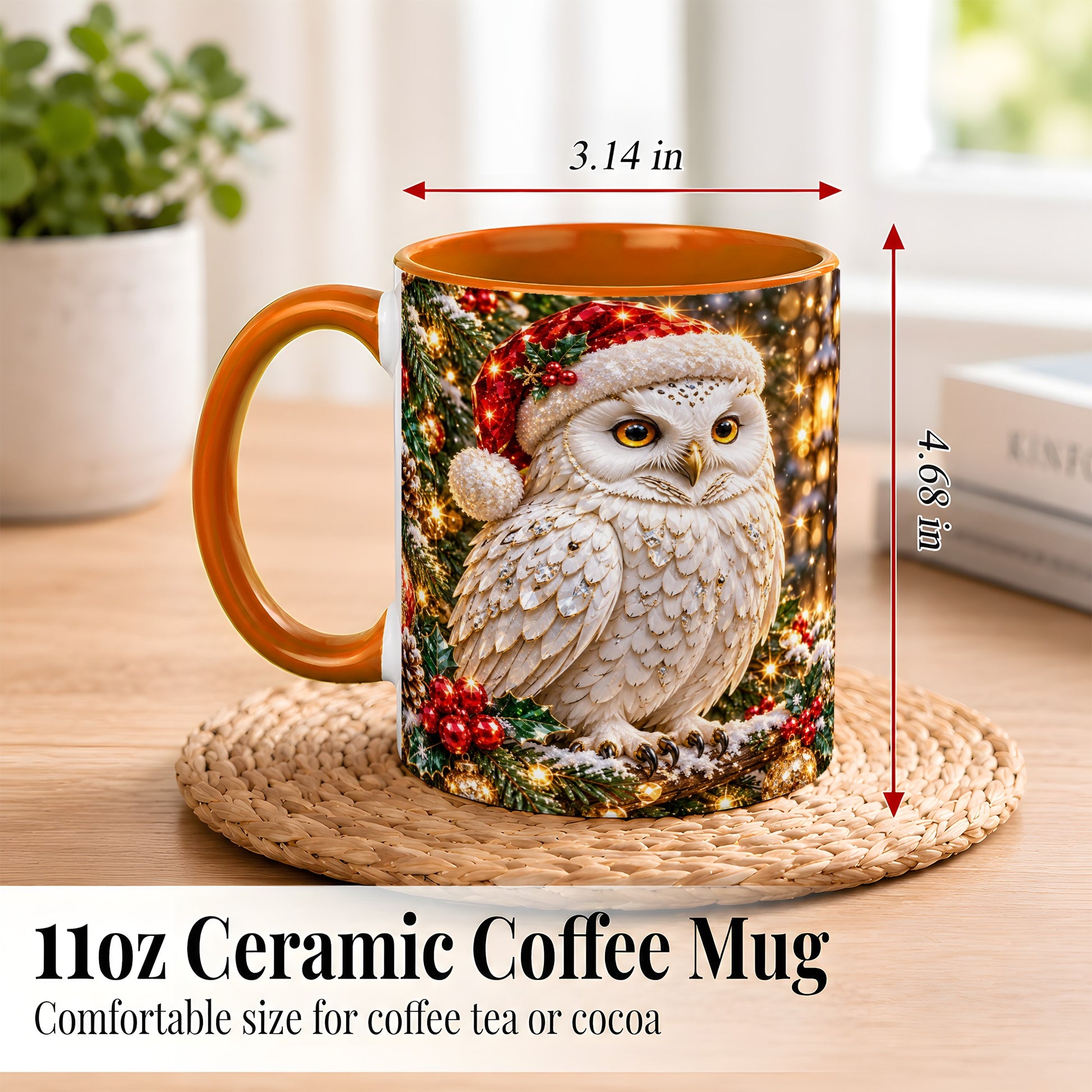 #pl[11oz|Orange] Christmas Snowy Owl Coffee Mug, Festive Owl Mug, Ceramic Cup
