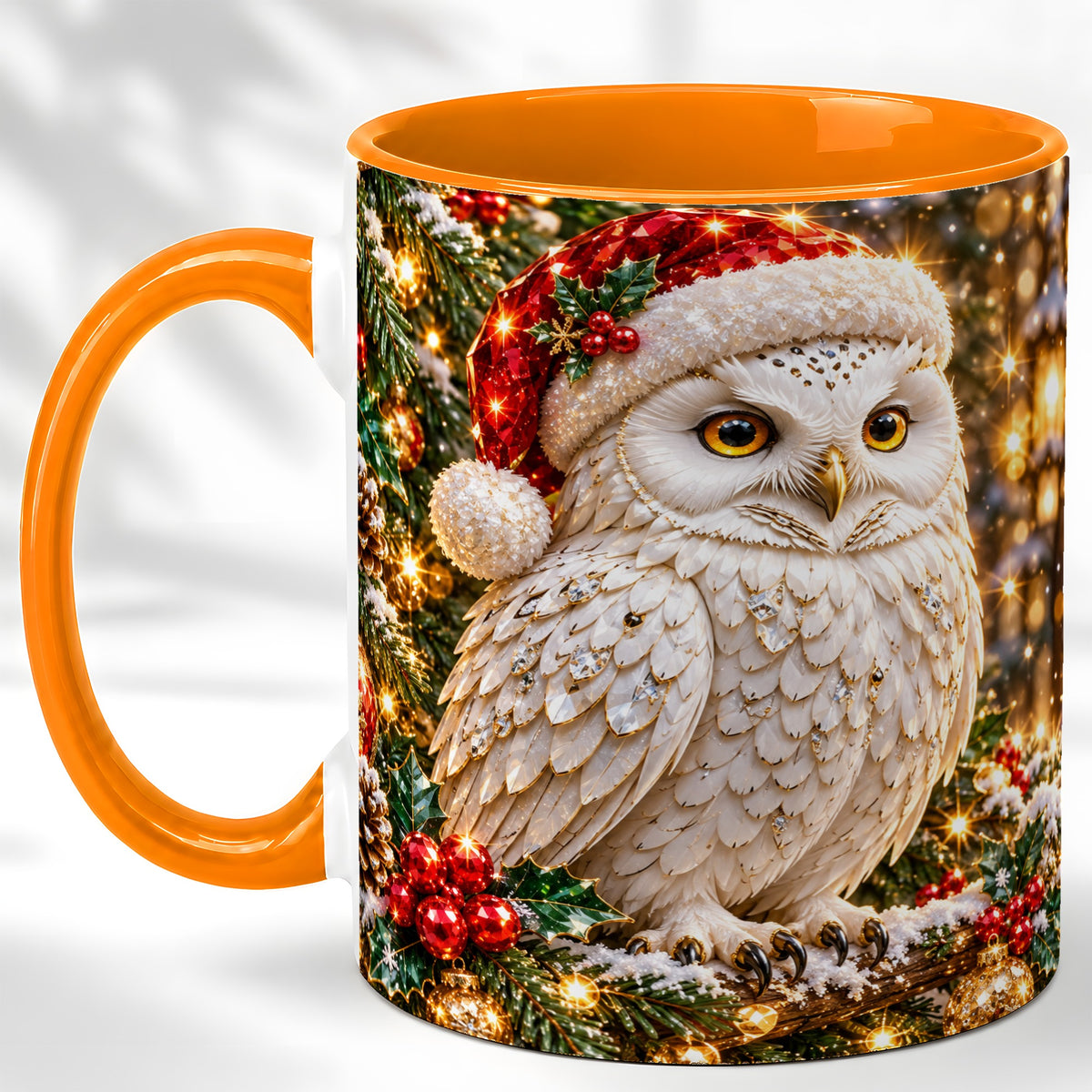 #pl[11oz|Orange] Christmas Snowy Owl Coffee Mug, Festive Owl Mug, Ceramic Cup