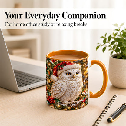 #pl[11oz|Orange] Christmas Snowy Owl Coffee Mug, Festive Owl Mug, Ceramic Cup