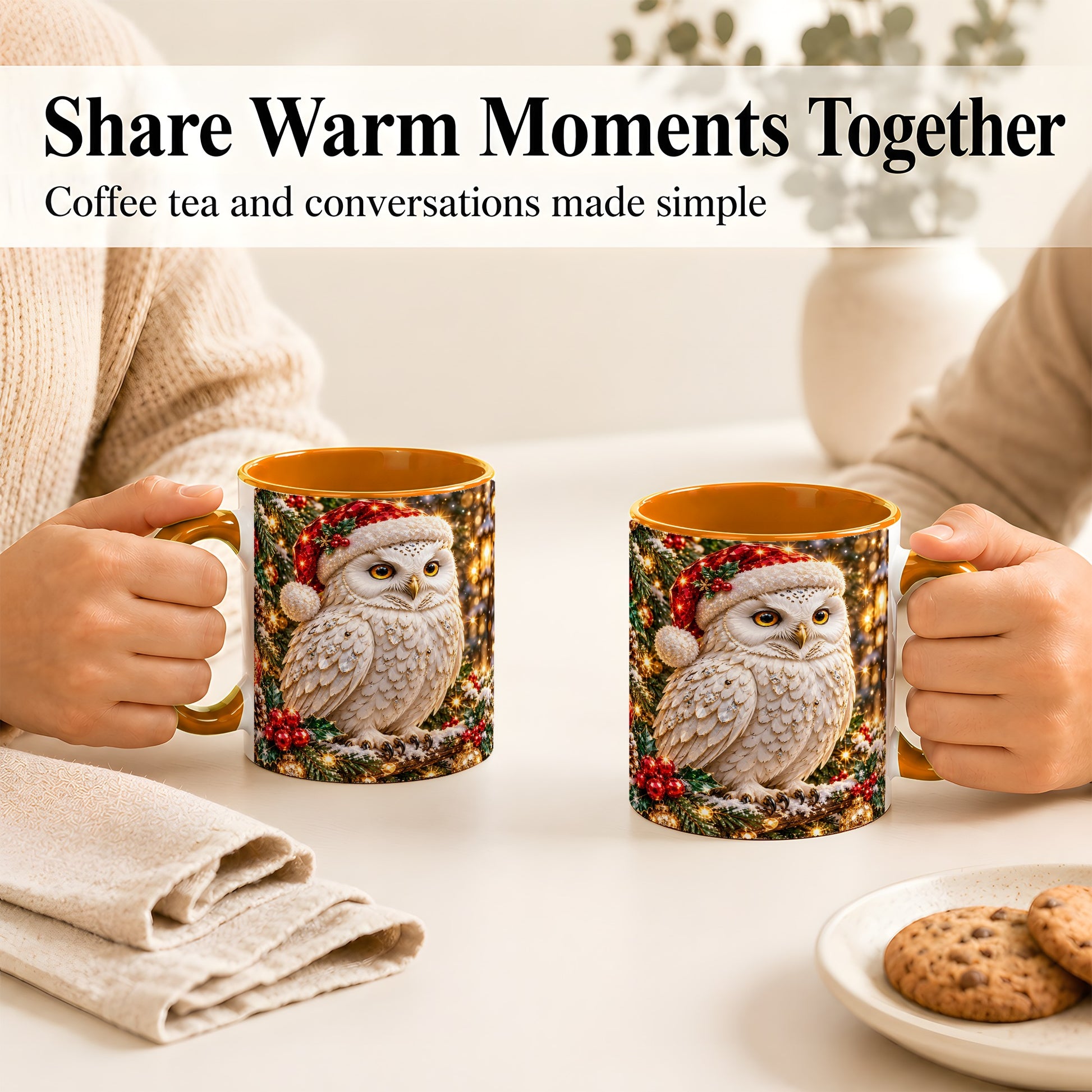 #pl[11oz|Orange] Christmas Snowy Owl Coffee Mug, Festive Owl Mug, Ceramic Cup