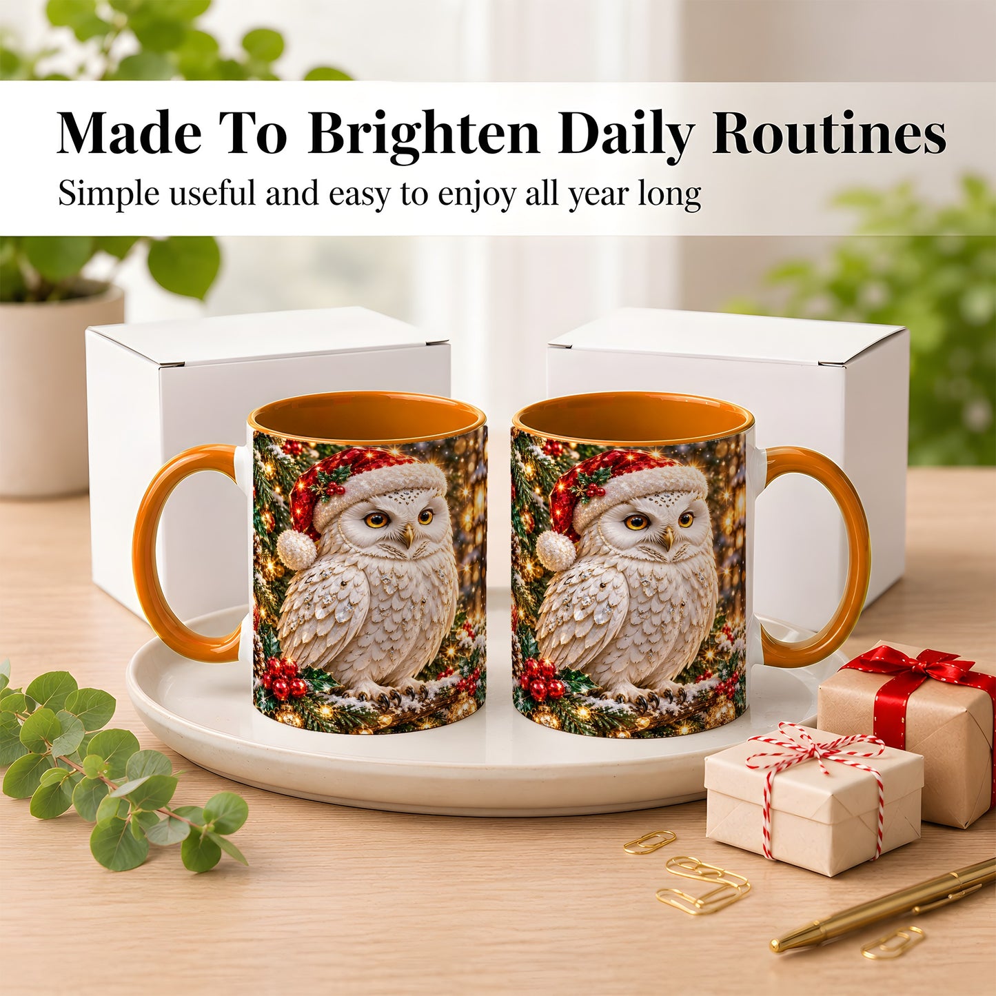 #pl[11oz|Orange] Christmas Snowy Owl Coffee Mug, Festive Owl Mug, Ceramic Cup