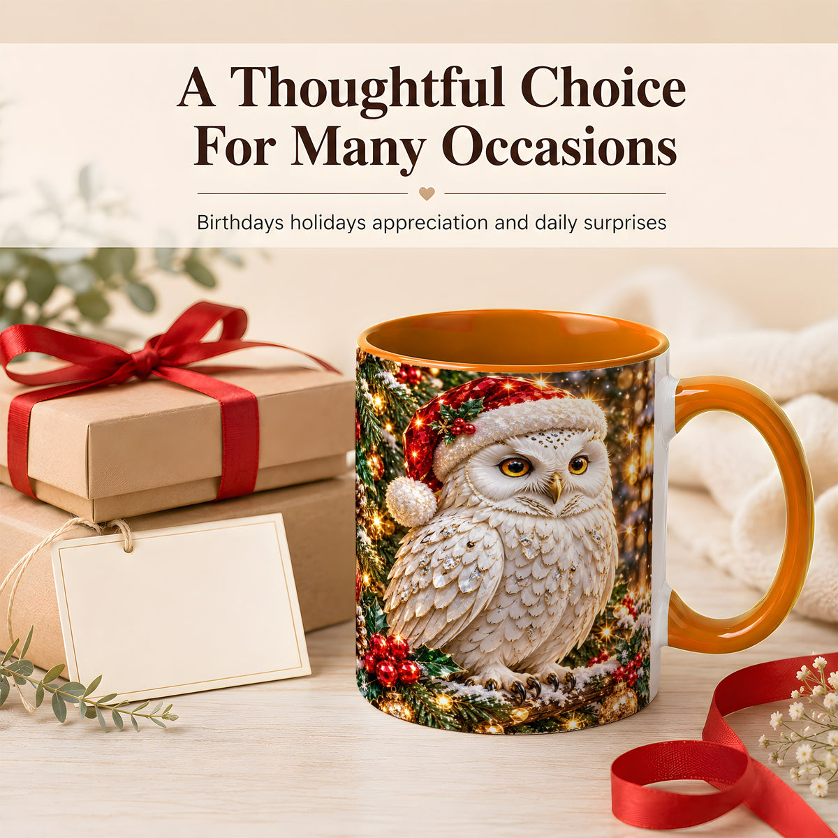#pl[11oz|Orange] Christmas Snowy Owl Coffee Mug, Festive Owl Mug, Ceramic Cup