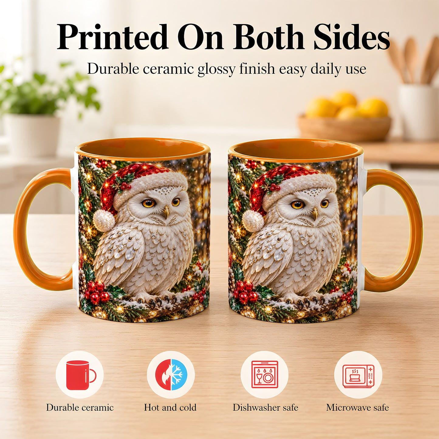 #pl[11oz|Orange] Christmas Snowy Owl Coffee Mug, Festive Owl Mug, Ceramic Cup