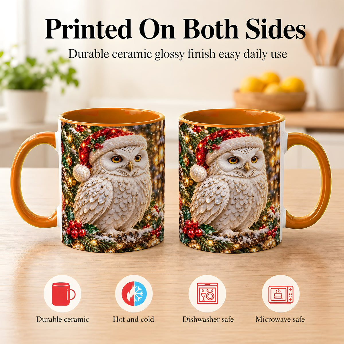 #pl[11oz|Orange] Christmas Snowy Owl Coffee Mug, Festive Owl Mug, Ceramic Cup