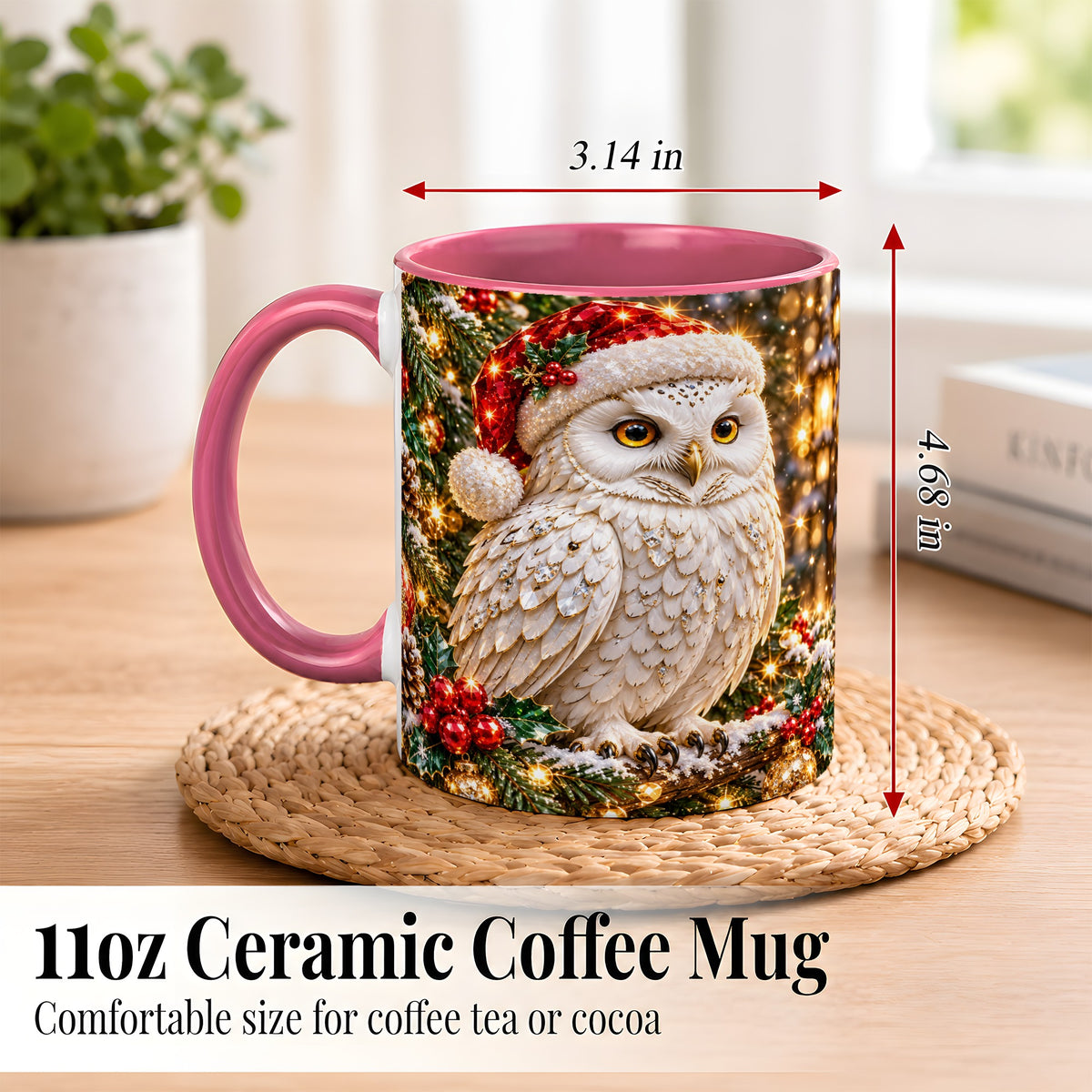 #pl[11oz|Pink] Christmas Snowy Owl Coffee Mug, Festive Owl Mug, Ceramic Cup