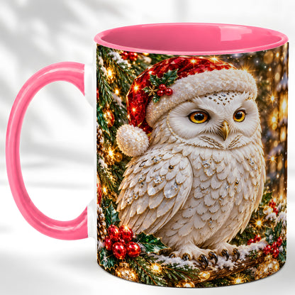 #pl[11oz|Pink] Christmas Snowy Owl Coffee Mug, Festive Owl Mug, Ceramic Cup