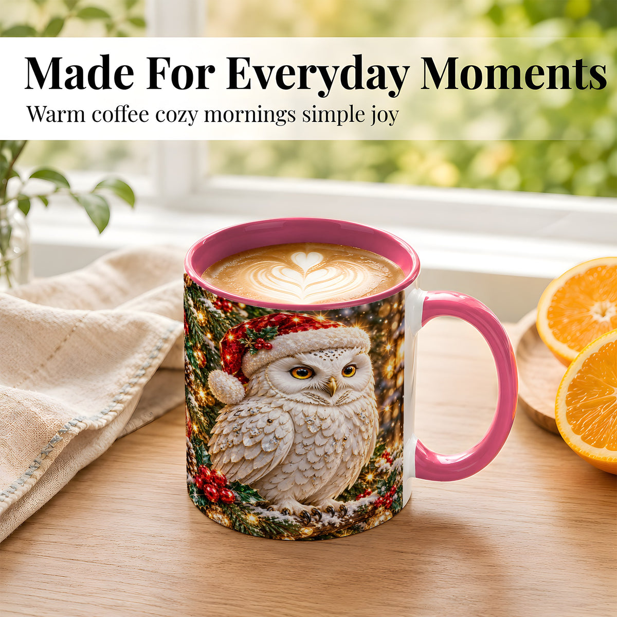 #pl[11oz|Pink] Christmas Snowy Owl Coffee Mug, Festive Owl Mug, Ceramic Cup