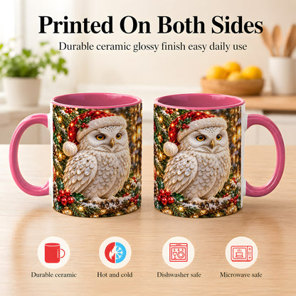 #pl[11oz|Pink] Christmas Snowy Owl Coffee Mug, Festive Owl Mug, Ceramic Cup