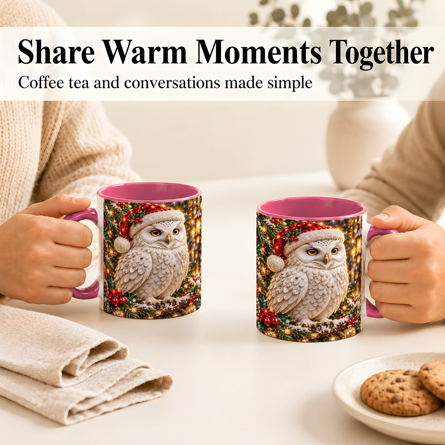 #pl[11oz|Pink] Christmas Snowy Owl Coffee Mug, Festive Owl Mug, Ceramic Cup