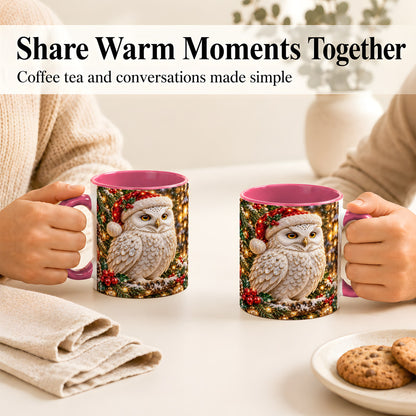 #pl[11oz|Pink] Christmas Snowy Owl Coffee Mug, Festive Owl Mug, Ceramic Cup