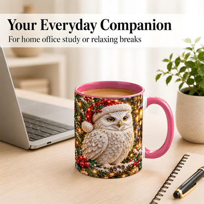#pl[11oz|Pink] Christmas Snowy Owl Coffee Mug, Festive Owl Mug, Ceramic Cup