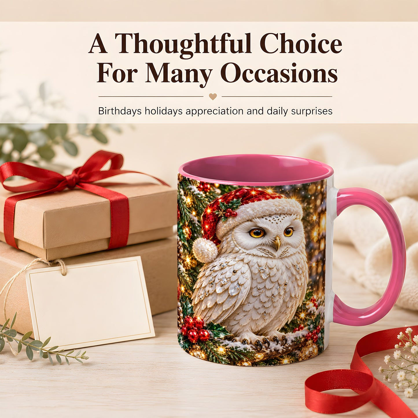 #pl[11oz|Pink] Christmas Snowy Owl Coffee Mug, Festive Owl Mug, Ceramic Cup