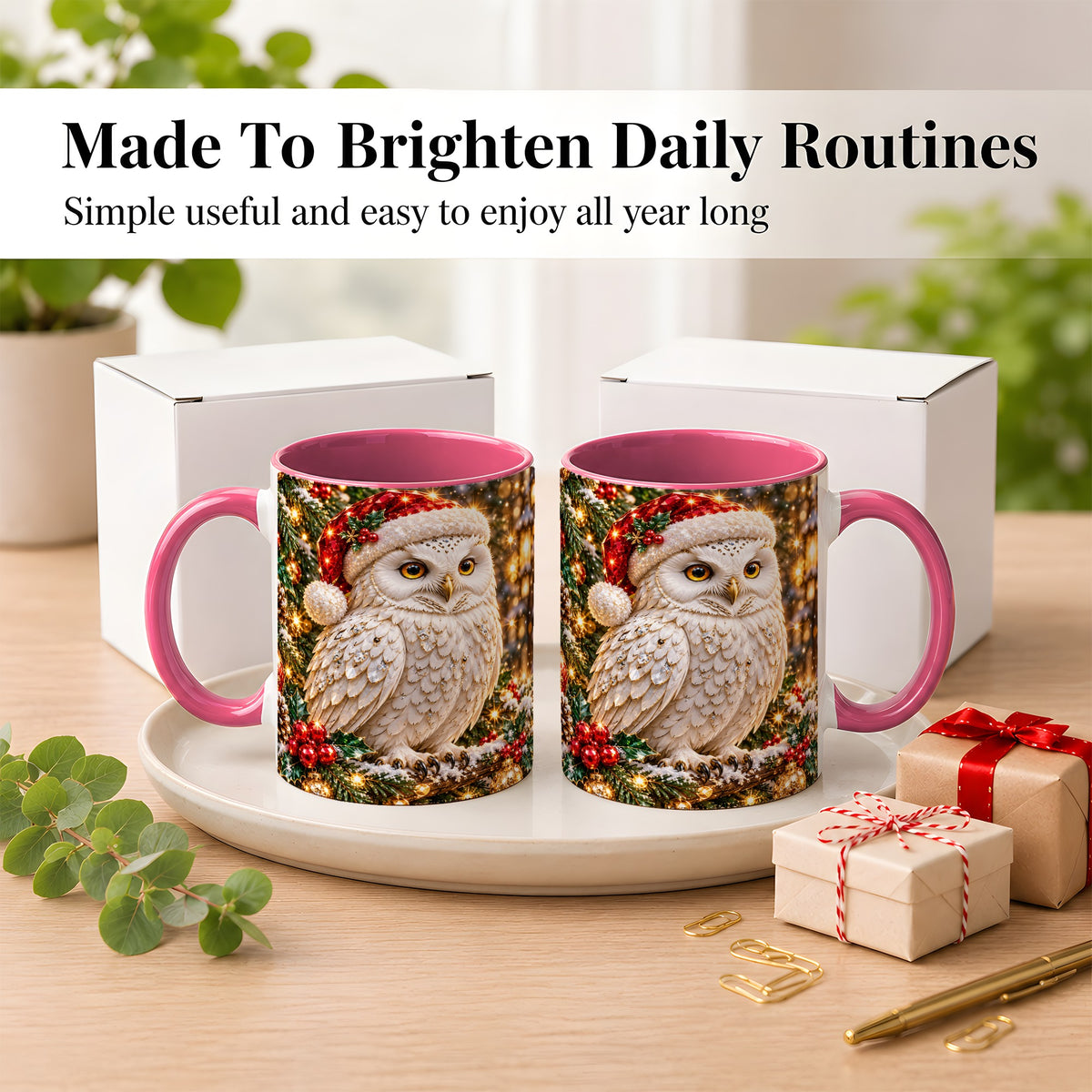 #pl[11oz|Pink] Christmas Snowy Owl Coffee Mug, Festive Owl Mug, Ceramic Cup