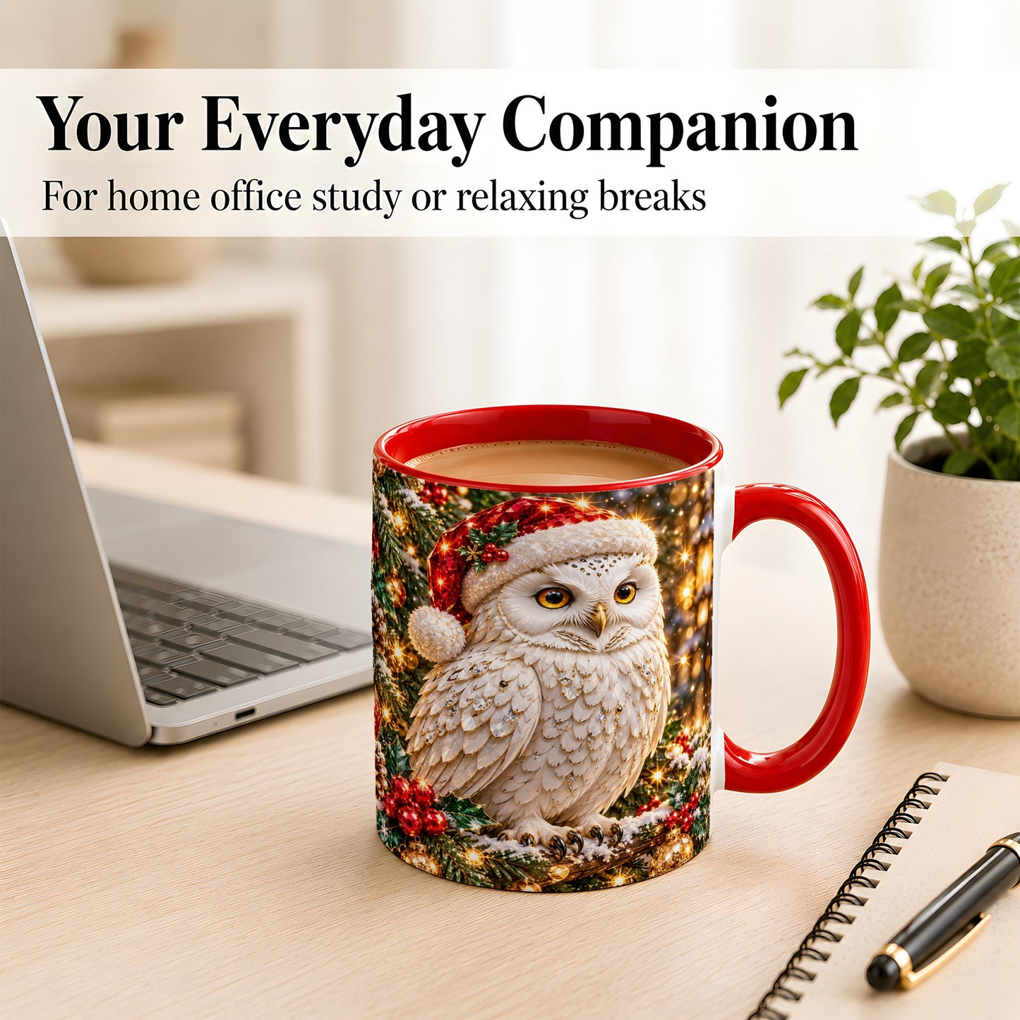 #pl[11oz|Red] Christmas Snowy Owl Coffee Mug, Festive Owl Mug, Ceramic Cup