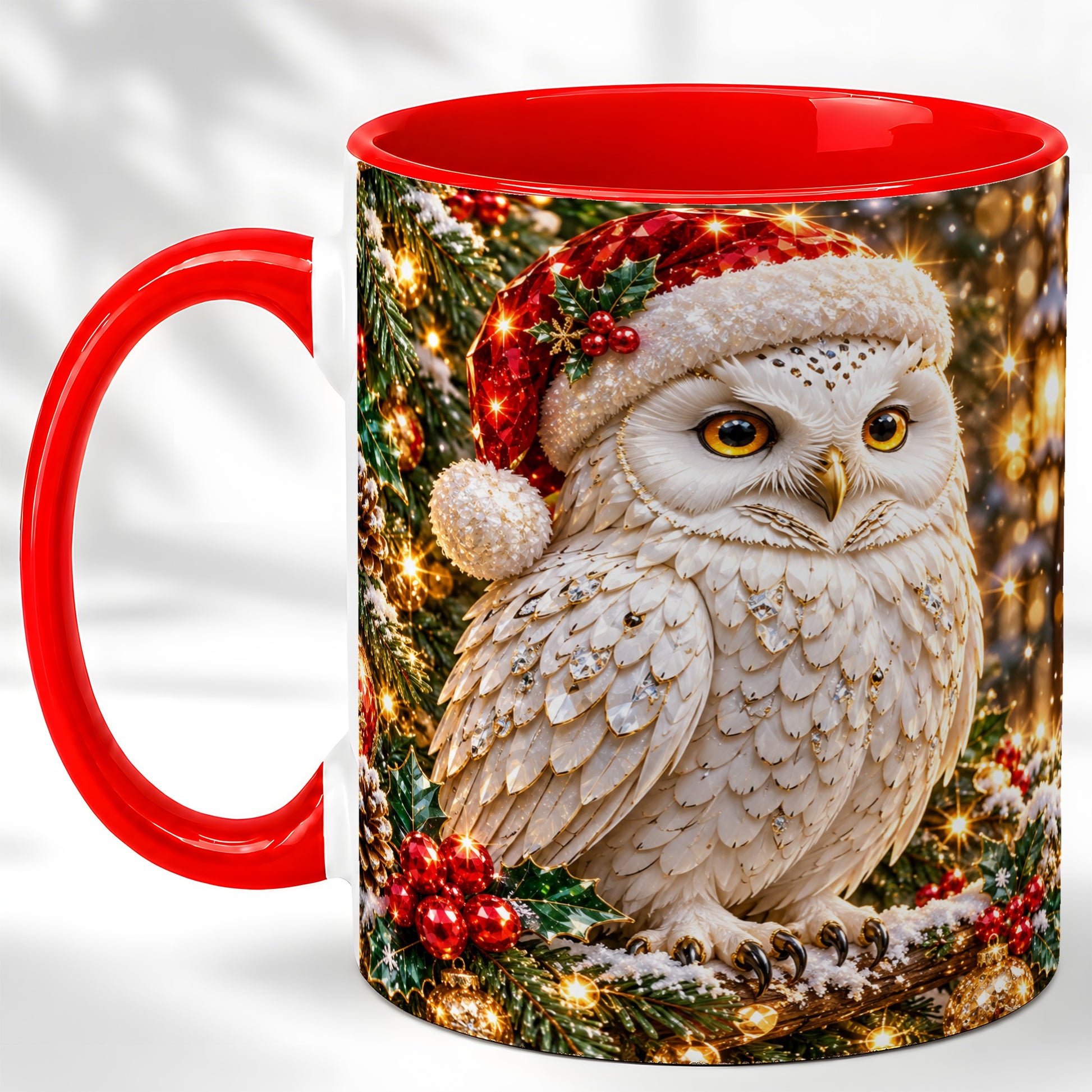 Christmas Snowy Owl Coffee Mug, Festive Owl Mug, Ceramic Cup
