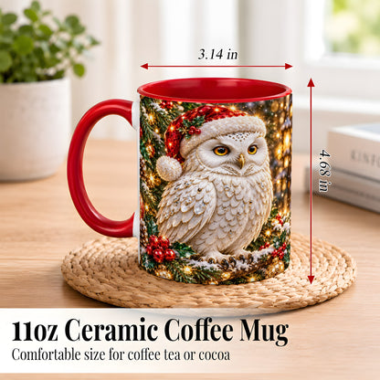 #pl[11oz|Red] Christmas Snowy Owl Coffee Mug, Festive Owl Mug, Ceramic Cup