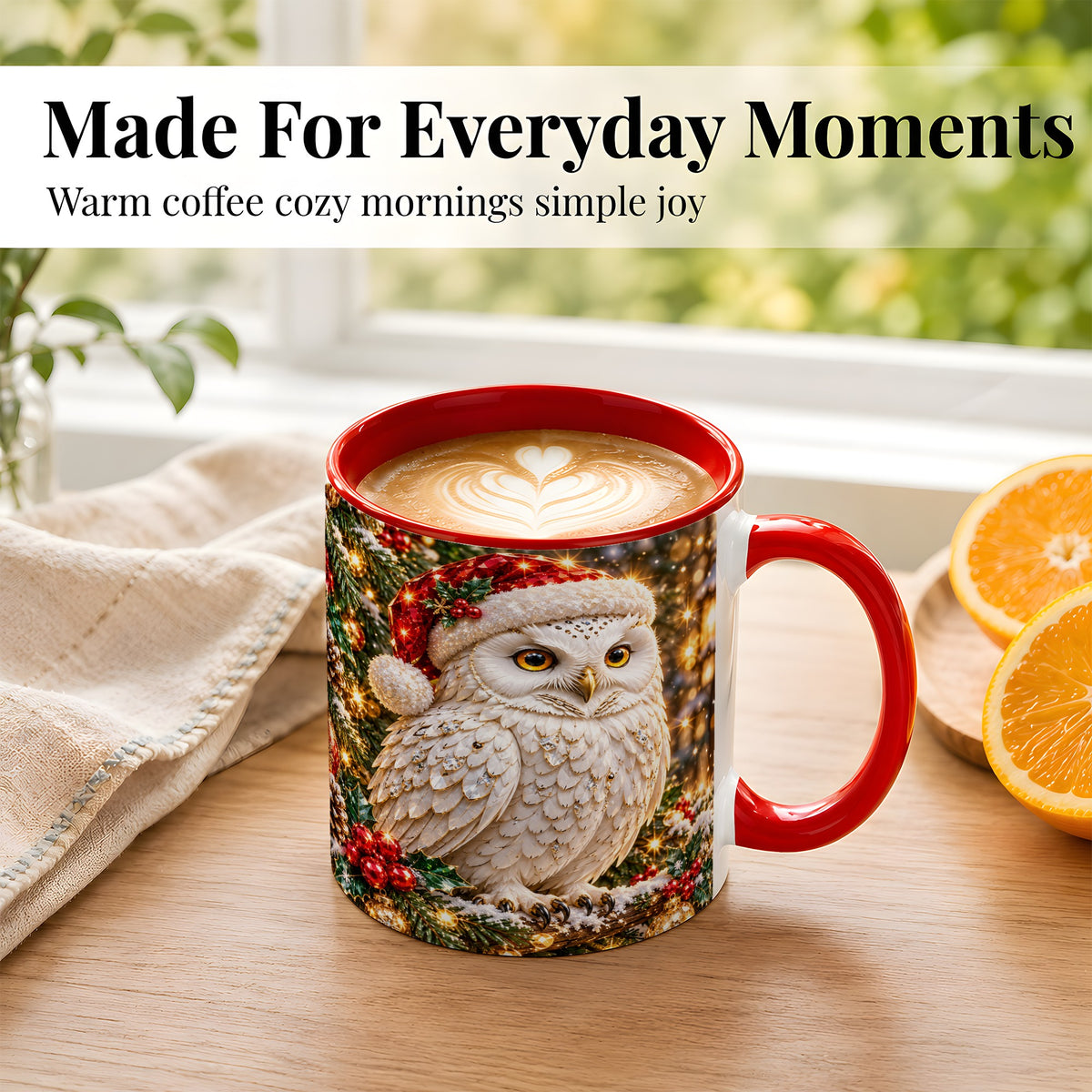 #pl[11oz|Red] Christmas Snowy Owl Coffee Mug, Festive Owl Mug, Ceramic Cup