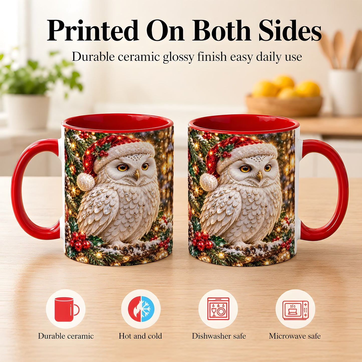 #pl[11oz|Red] Christmas Snowy Owl Coffee Mug, Festive Owl Mug, Ceramic Cup