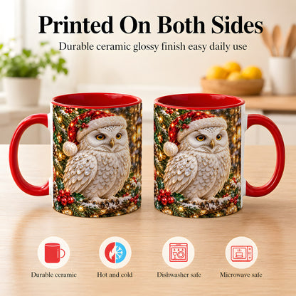 #pl[11oz|Red] Christmas Snowy Owl Coffee Mug, Festive Owl Mug, Ceramic Cup