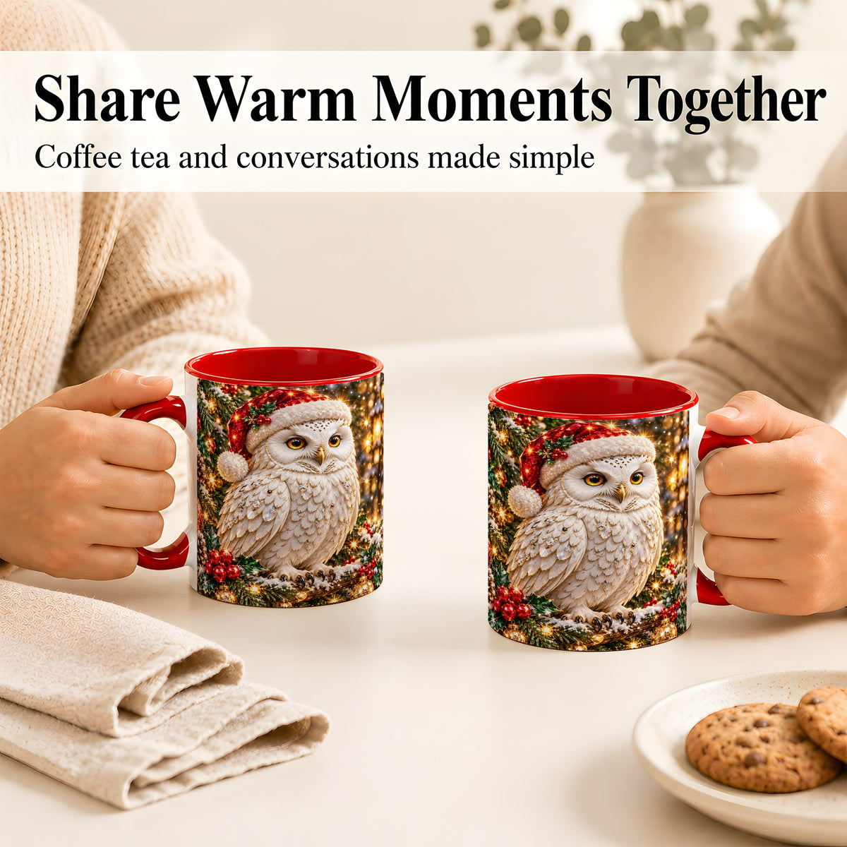 #pl[11oz|Red] Christmas Snowy Owl Coffee Mug, Festive Owl Mug, Ceramic Cup