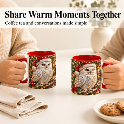 #pl[11oz|Red] Christmas Snowy Owl Coffee Mug, Festive Owl Mug, Ceramic Cup
