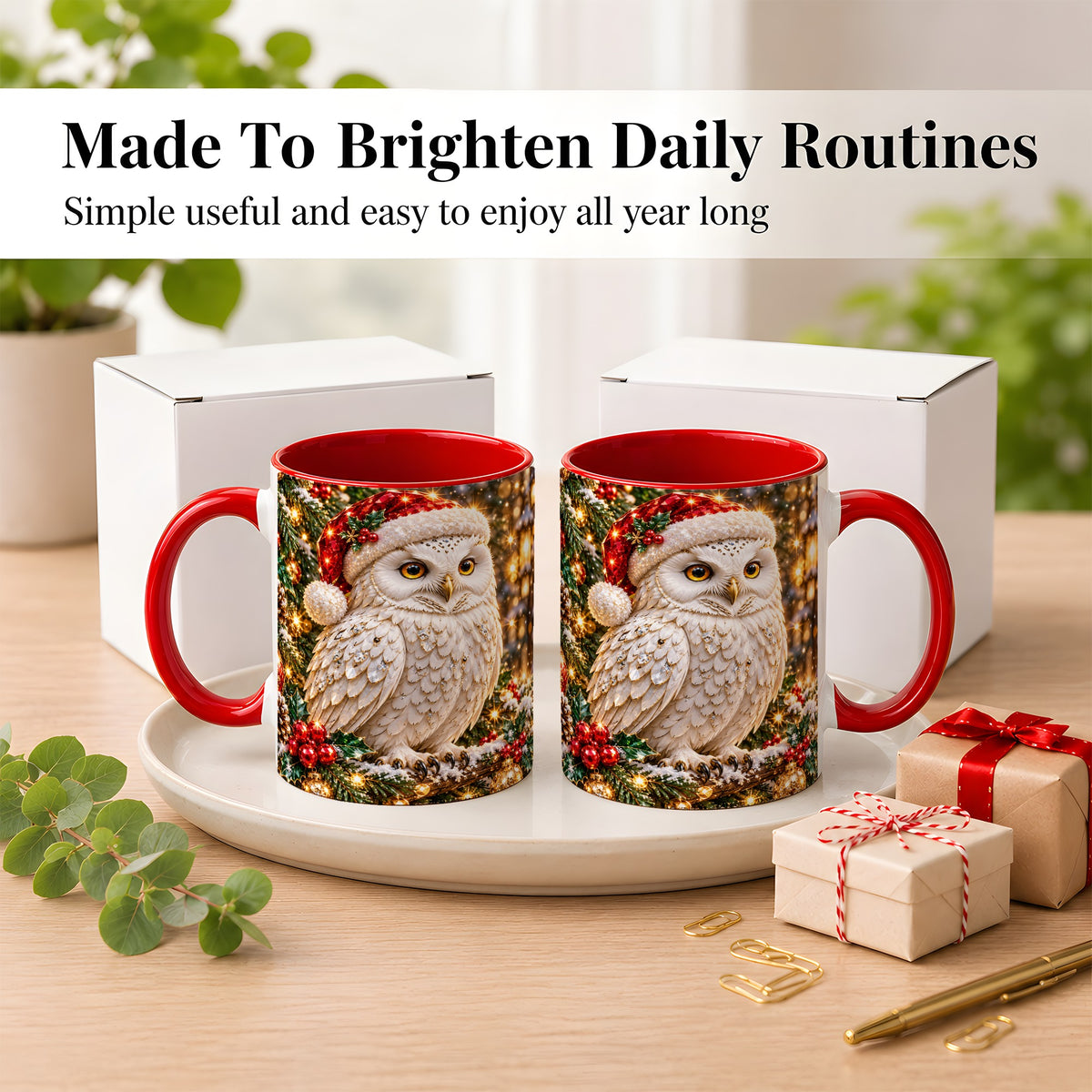 #pl[11oz|Red] Christmas Snowy Owl Coffee Mug, Festive Owl Mug, Ceramic Cup