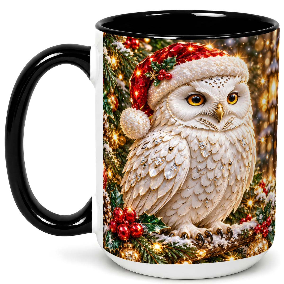 #pl[15oz|Black] Christmas Snowy Owl Coffee Mug, Festive Owl Mug, Ceramic Cup