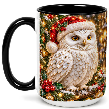 #pl[15oz|Black] Christmas Snowy Owl Coffee Mug, Festive Owl Mug, Ceramic Cup