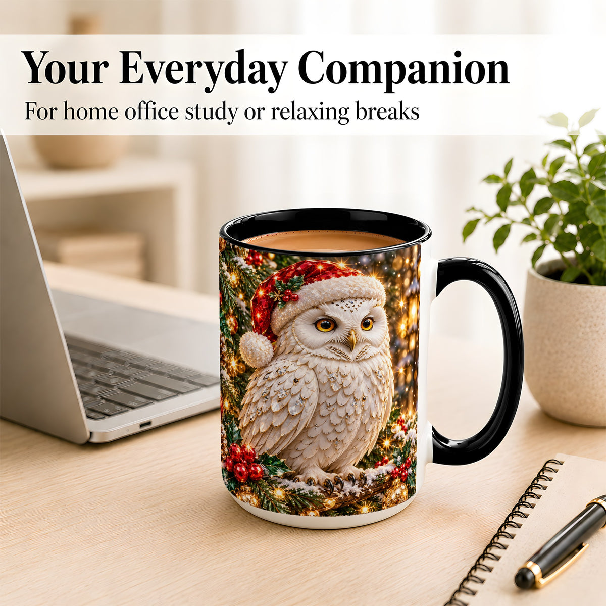 #pl[15oz|Black] Christmas Snowy Owl Coffee Mug, Festive Owl Mug, Ceramic Cup