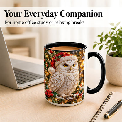 #pl[15oz|Black] Christmas Snowy Owl Coffee Mug, Festive Owl Mug, Ceramic Cup