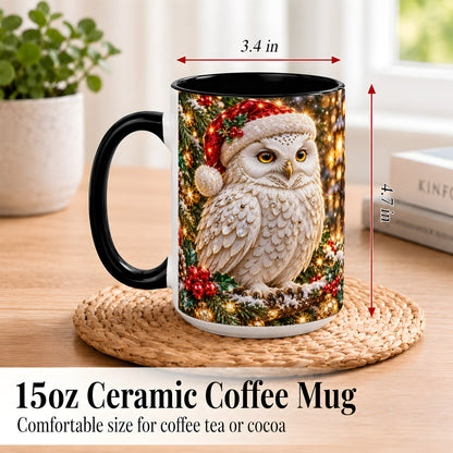 #pl[15oz|Black] Christmas Snowy Owl Coffee Mug, Festive Owl Mug, Ceramic Cup