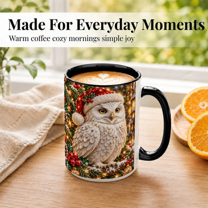 #pl[15oz|Black] Christmas Snowy Owl Coffee Mug, Festive Owl Mug, Ceramic Cup