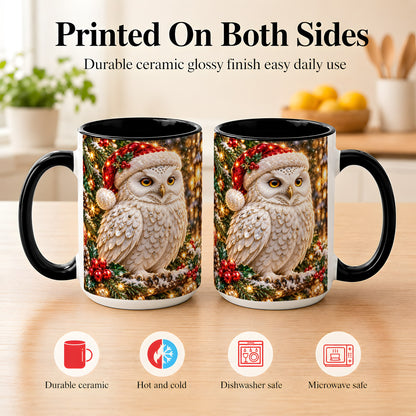 #pl[15oz|Black] Christmas Snowy Owl Coffee Mug, Festive Owl Mug, Ceramic Cup