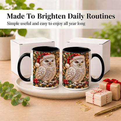 #pl[15oz|Black] Christmas Snowy Owl Coffee Mug, Festive Owl Mug, Ceramic Cup