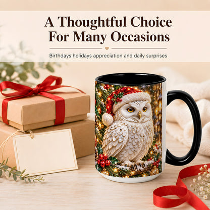 #pl[15oz|Black] Christmas Snowy Owl Coffee Mug, Festive Owl Mug, Ceramic Cup