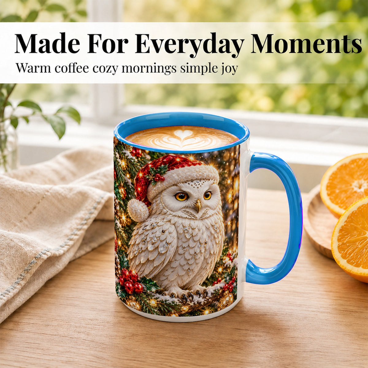 #pl[15oz|Blue] Christmas Snowy Owl Coffee Mug, Festive Owl Mug, Ceramic Cup