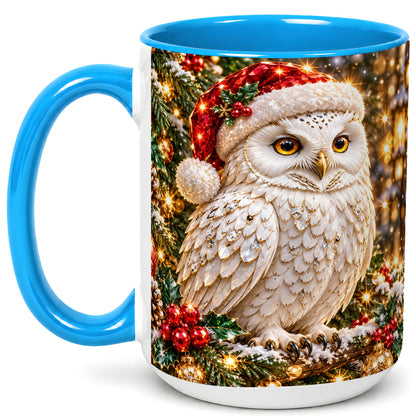 #pl[15oz|Blue] Christmas Snowy Owl Coffee Mug, Festive Owl Mug, Ceramic Cup